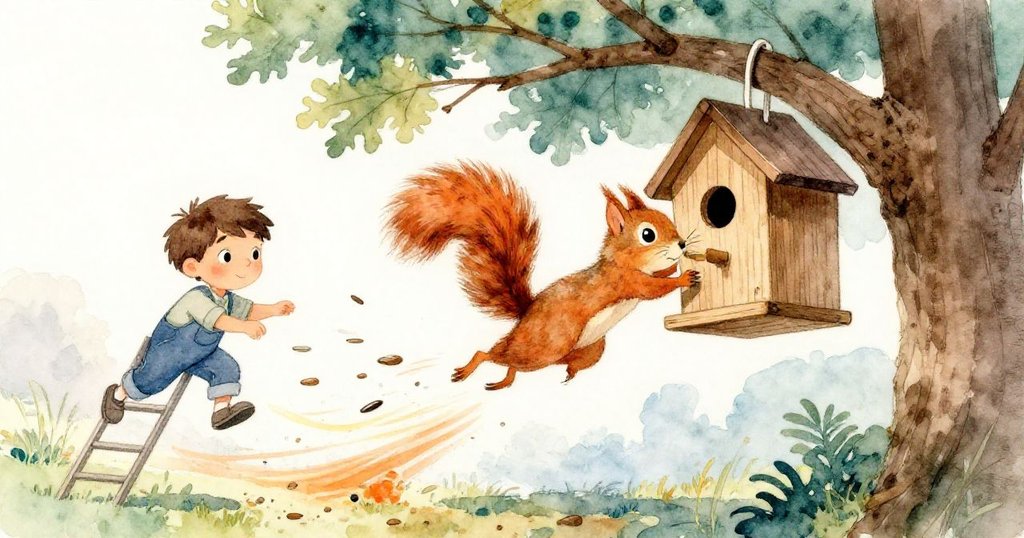 活潑松鼠躍上懸掛鳥屋，種子隨風飄散，Leo在背景中穩固梯子，場景充滿活力與動感。