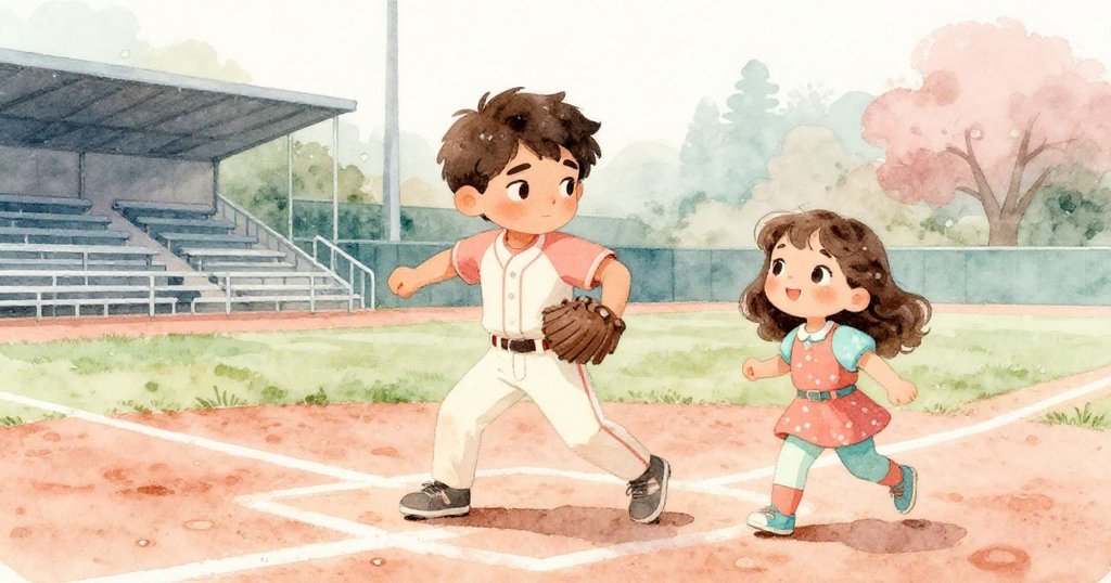 班與莉拉在清晨露珠草地上進入棒球場，背景有金屬看臺與清晰粉筆線，兩人表情期待而活潑。
