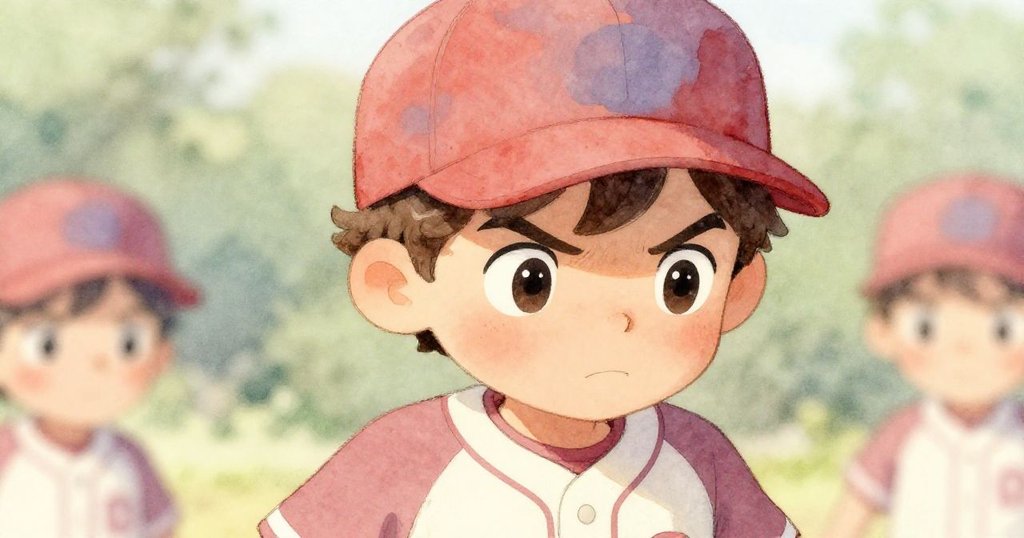 班特寫凝神注視紅帽，眼神中流露堅定與思念，背景隱約顯示陽光與濕潤草地。