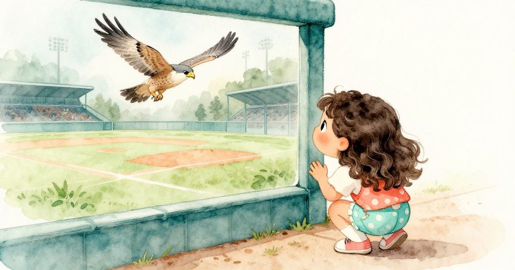莉拉蹲在一壘附近透過閃亮玻璃凝視反射的棒球場與飛翔猛禽，神情充滿好奇與故事感。