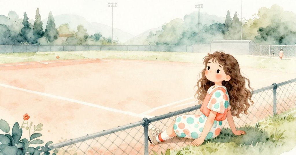 莉拉於籬笆邊靜坐休憩，晨光灑滿空曠棒球場，整體畫面流露平靜與結局溫暖情緒。