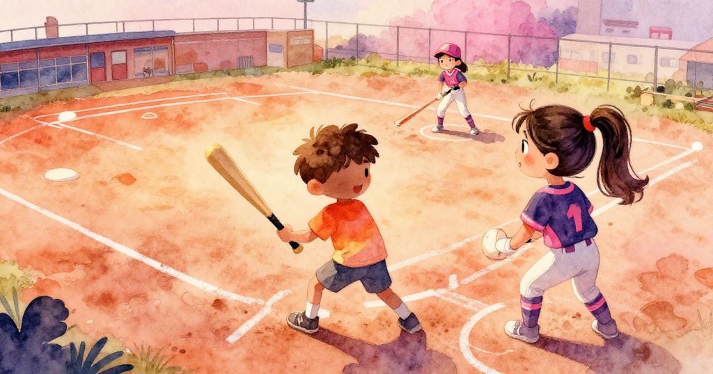 Sam拿著球棒，Mia站在短停位置，從鳥瞰角度看學校操場，陽光明媚，表情期待，場景呈現故事開頭