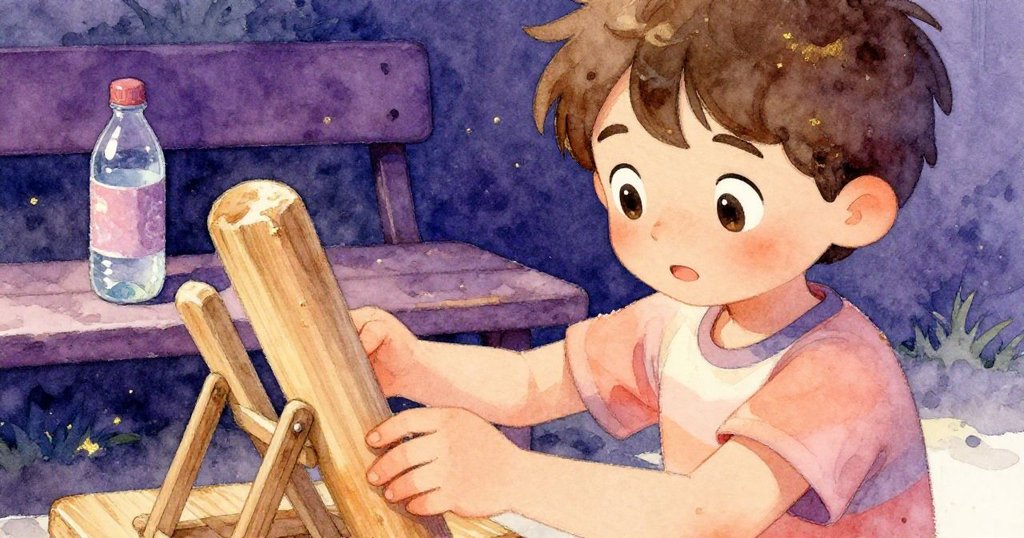 Sam專注地從球棒架上拿起球棒，背景中有水瓶與木質長凳，畫面細緻，呈現故事發展初期的探索情緒