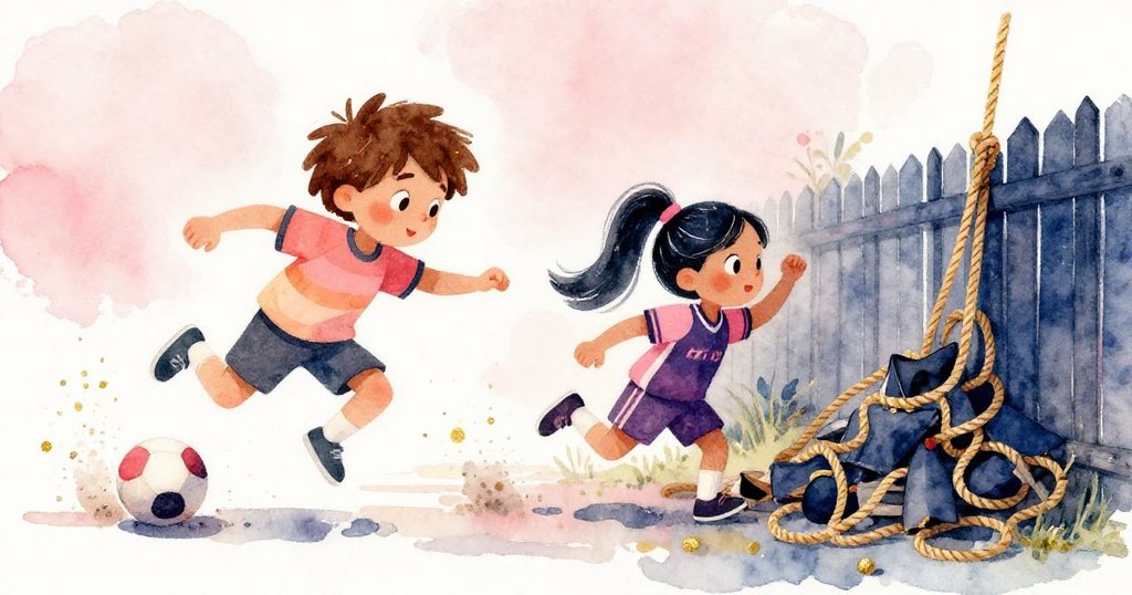 畫面分割成兩部分，一邊顯示Sam揮棒擊球，另一邊呈現球棒跌落引發繩子掉落，畫面生動展現故事高潮的瞬間