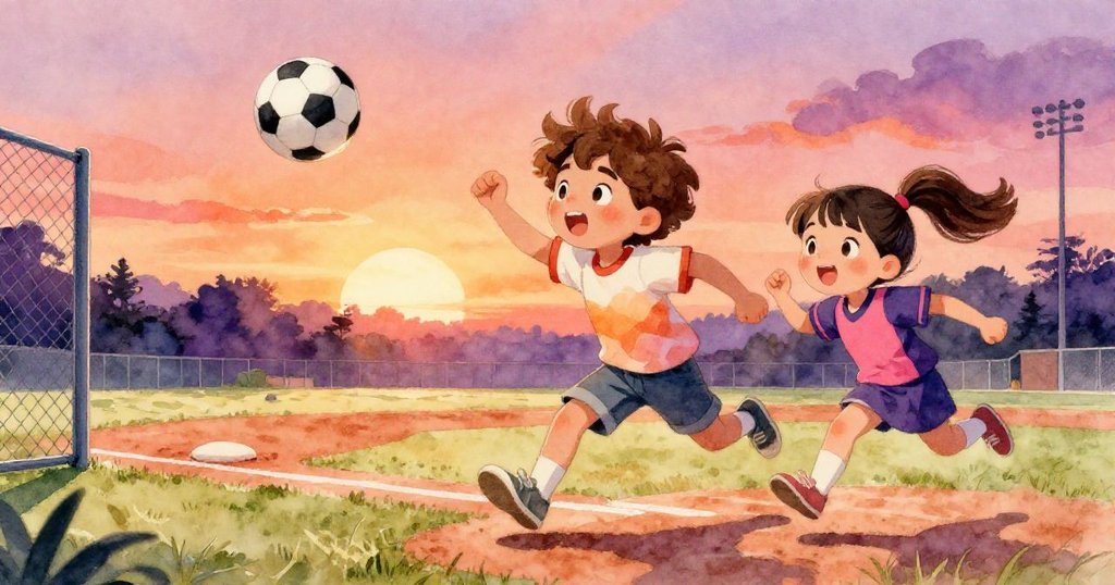 Sam跳躍避開滾動的足球，Mia快步追逐足球，背景中門搖曳，塵埃飛揚，呈現動感且充滿喜悅的情節發展