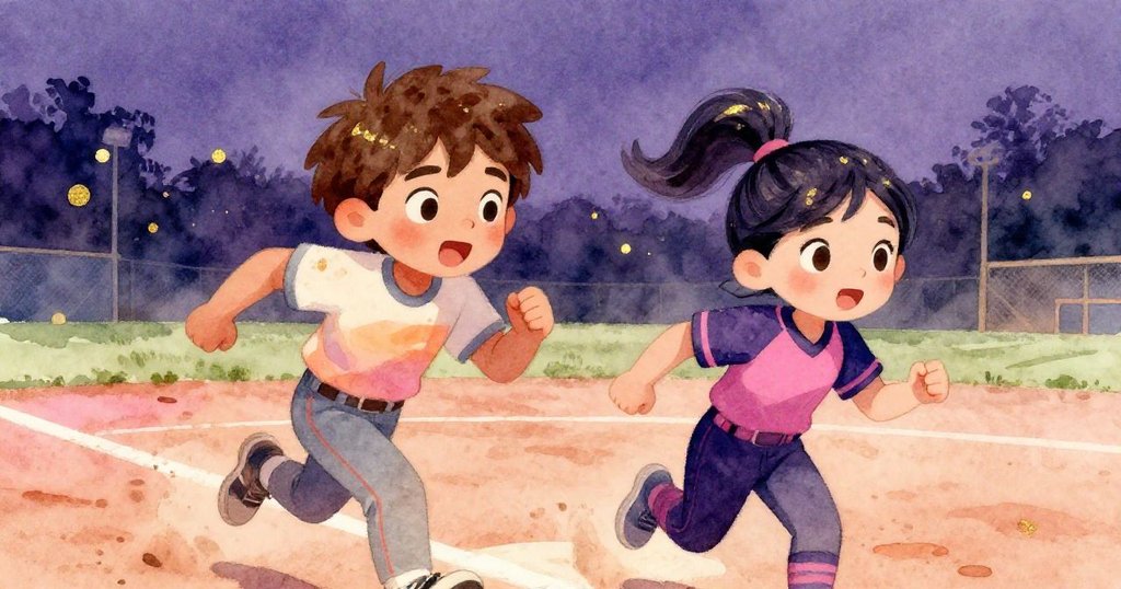 Sam衝向本壘先得分，Mia緊隨其後，兩人表情堅定，現場充滿活力，展開故事中決定性運動場面