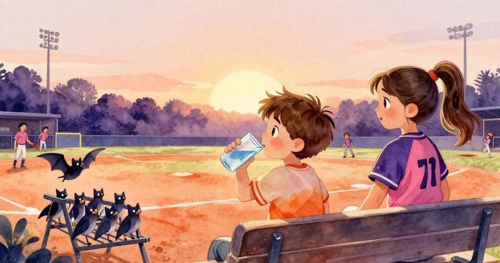 Sam在球場上將球棒歸位並喝水休息，Mia與隊友微笑揮別場地，呈現故事結尾溫暖和寧靜的氛圍