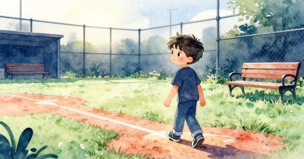 米洛在晨光映照的棒球場邊走進露水閃爍的草坪，臉上流露著期待與興奮，背景展現斑駁看台與鐵絲網。