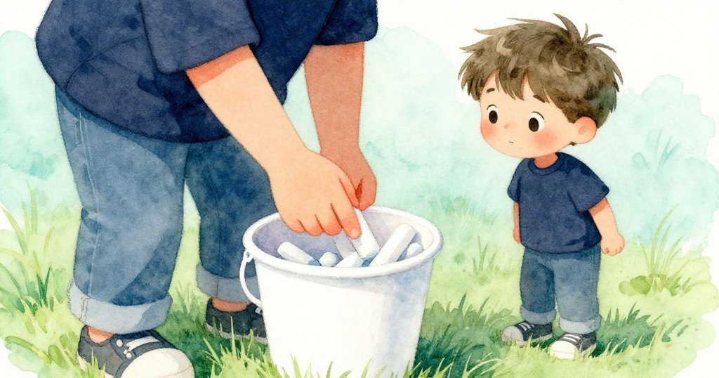 米洛仔細端詳手中滿載粉筆的白桶，充滿夢想與專注，背景隱現綠草和晨光，畫面精緻且寓意深遠。