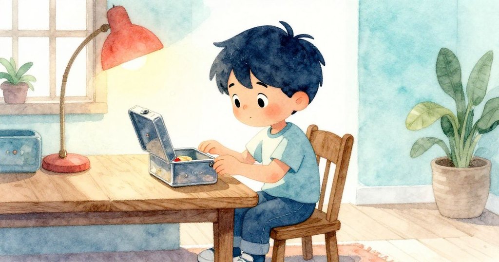 米洛在溫暖的小屋中坐於木桌旁，細看剛從草地挖出的神秘金屬盒，室內燈光柔和，充滿好奇與溫馨回憶。