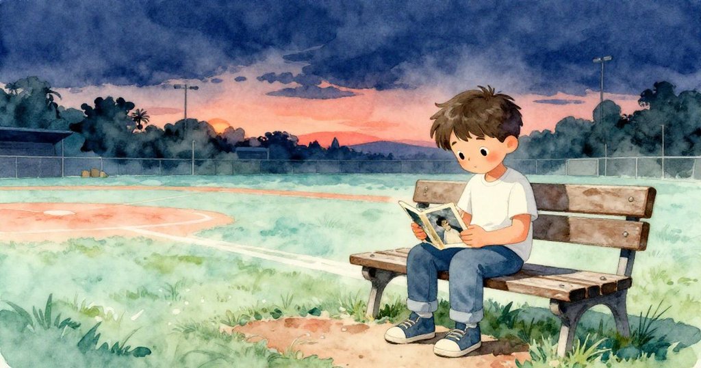 米洛坐在夕陽下的棒球場長椅上，靜靜注視著珍貴老照片，充滿回憶與平靜，場景溫暖且悠遠。