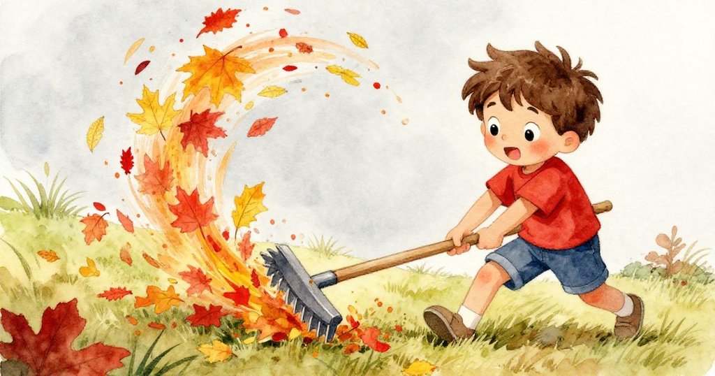 Milo 使用木耙揮動金紅秋葉,動感傾斜視角展現他充滿決心與活力的身姿,背景為色彩繽紛的落葉堆疊。