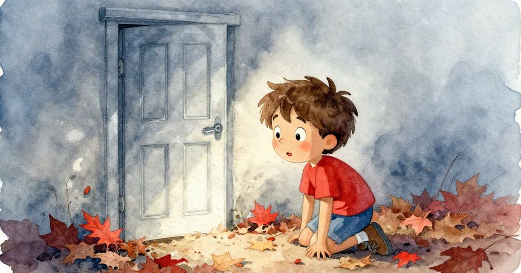 Milo 跪在滿佈秋葉的角落,輕輕按下閃亮銀色小門的門扣,神情中流露出驚奇與堅定,塵埃如霧般環繞。