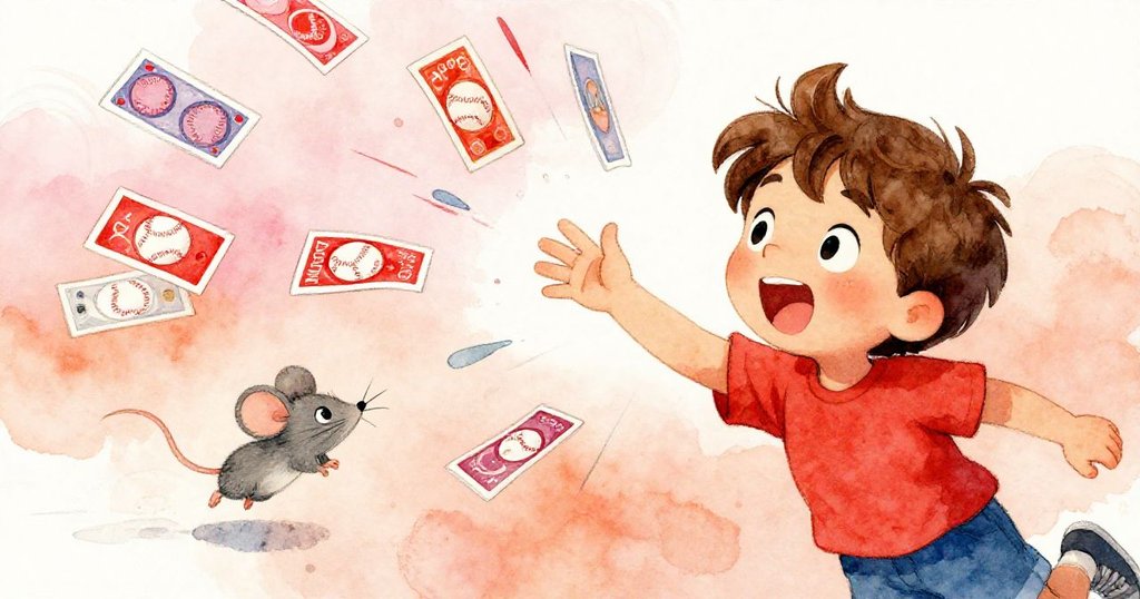 Milo 迅速揮手攔截飛舞的棒球卡,表情果敢,一隻小老鼠活躍疾馳,空氣中充滿動感與期待。