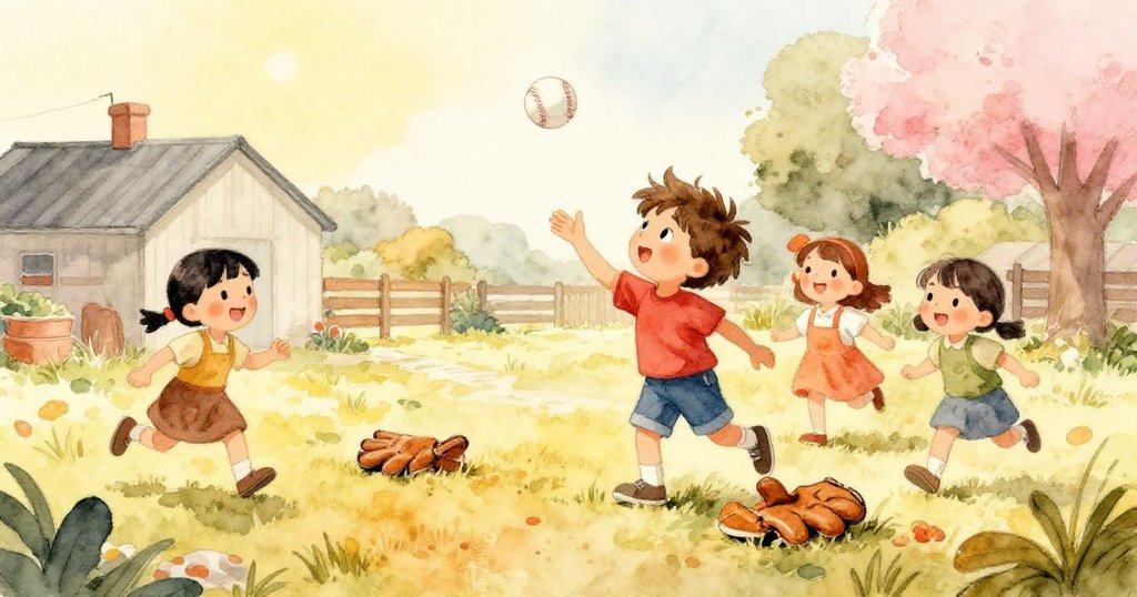 Milo 與表情歡樂的表兄弟姐妹在陽光普照的農場庭院中揮灑嬉戲,用舊手套做成壘包奔跑,充滿笑聲與團聚溫情。