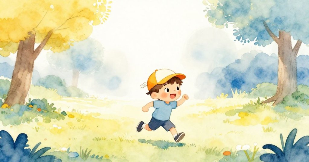 班恩在陽光普照的公園中快樂奔跑，帽子上掛著標籤，晨霧籠罩背景充滿生氣與期待的氣氛