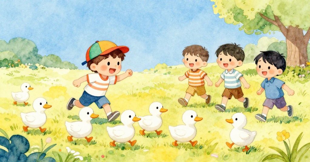 從小鴨視角看見班恩與好友追逐遊戲，路上小鴨悠悠穿行，綠野與藍天交織出歡樂熱鬧氛圍