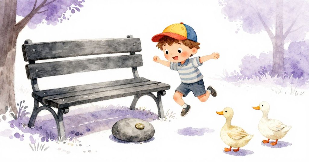 班恩在跳躍中輕敲下巴，踢動的小石子滑向長椅下露出閃亮硬幣，鴨子悠然環繞，場景充滿探索驚奇