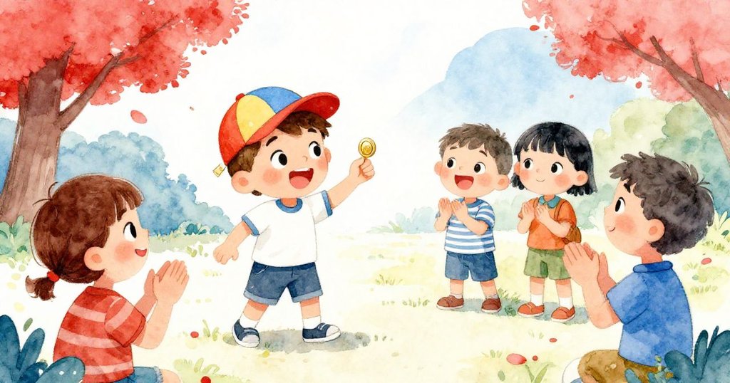 班恩興奮展示閃亮硬幣給好友看，兩位夥伴連續拍手鼓掌，情感互動溫馨充滿驚喜與快樂