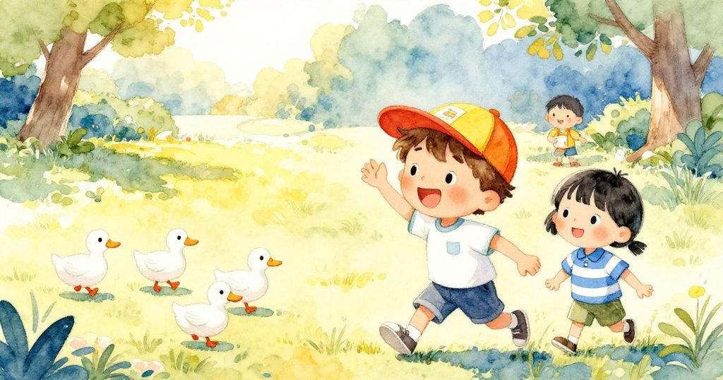 班恩與好友在廣闊公園中繼續追逐遊戲，小鴨緩緩離場，班恩口袋隱藏閃亮硬幣，場景溫暖充滿生機