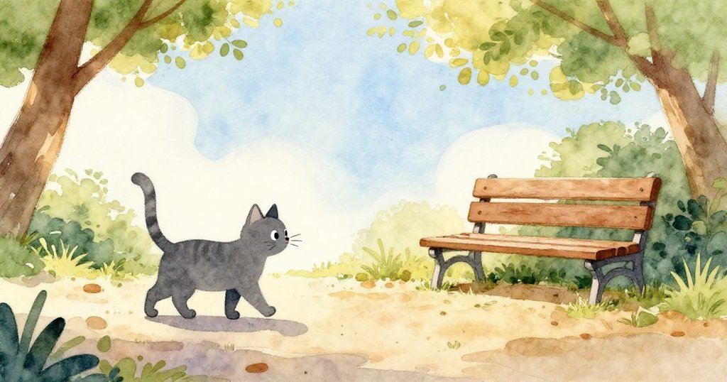 Miko貓沿著公園小徑前行，黃金光線照耀下呈現剪影，背景有木椅和寧靜景致，表情充滿期待。