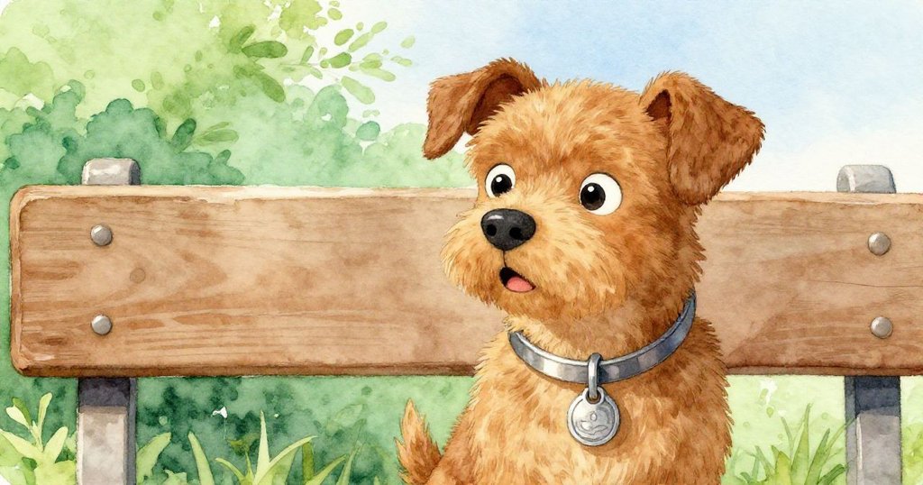 棕色小狗在木椅上懶散休息，聽到銀牌輕響後露出好奇神情，鏡頭特寫反映情緒轉變。