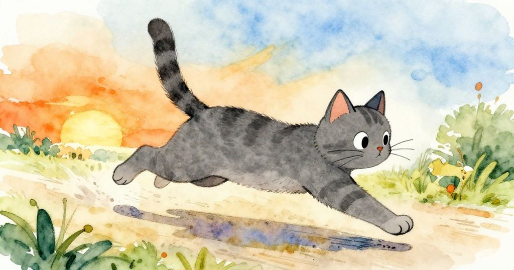 Miko貓動感奔跑，身體弓起迅速掠過草坪，角度傾斜呈現緊張與活力，背景顯示陽光燦爛公園。