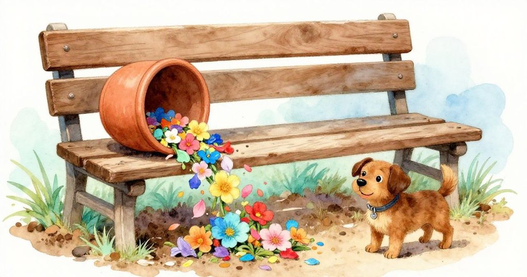 隨著繩索一拉，木椅晃動，陶罐傾倒鮮花飛散，狗狗與自然細節互動，場面驚喜生動。