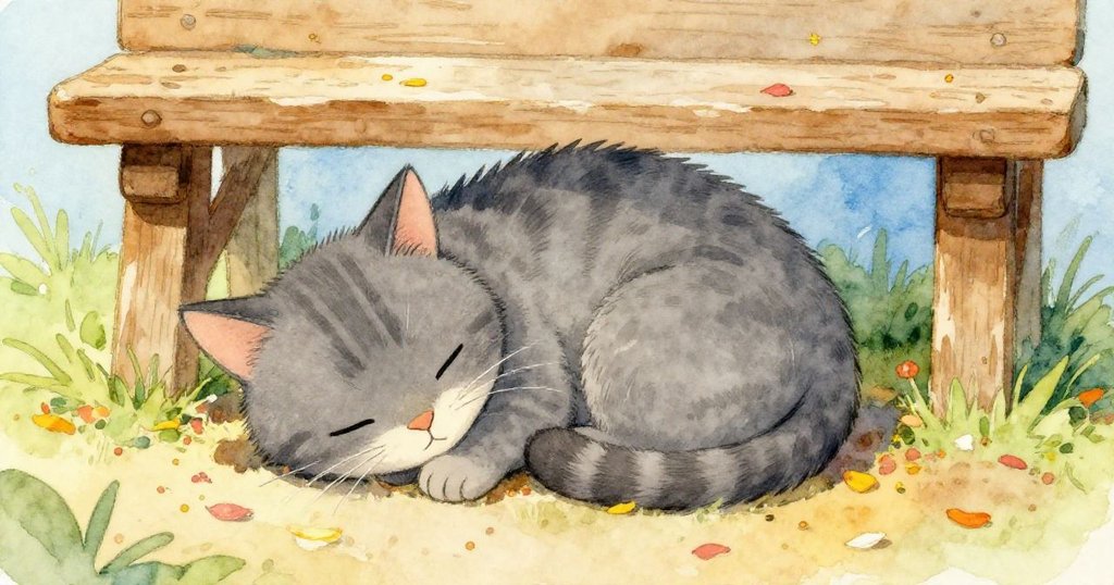 Miko貓安靜蜷縮於花瓣間沉睡，暖陽與自然柔和環抱，表情滿足平靜，結束了一場意外而溫馨的一天。