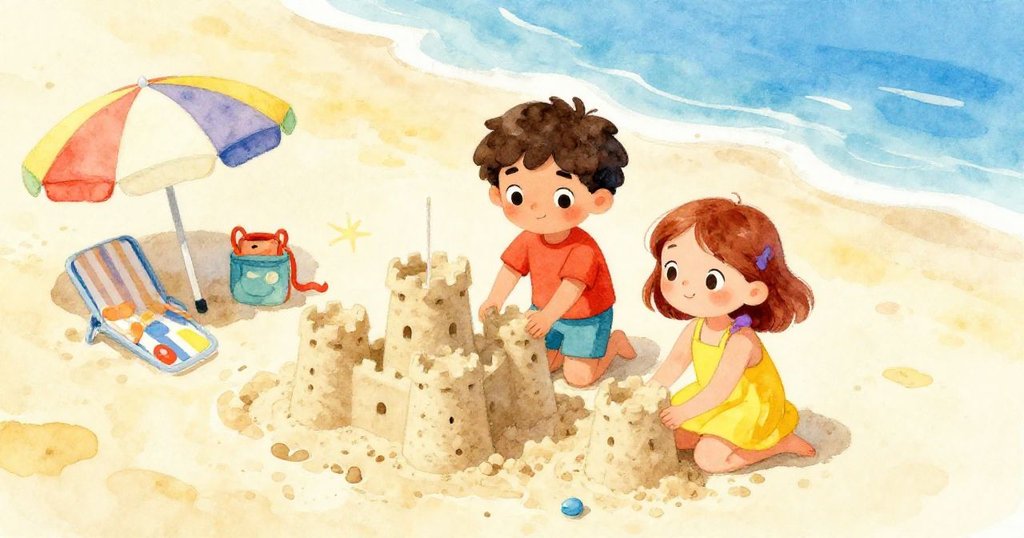 Leo和Mira在陽光明媚的海灘上忙著建沙堡,鳥瞰全景顯示海浪、傘和濕沙,歡樂充滿挑戰初始。