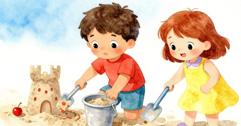 Mira認真舀沙放入水桶,Leo用手指勾勒沙塔細節,特寫中呈現濕沙質感與充滿專注的表情。