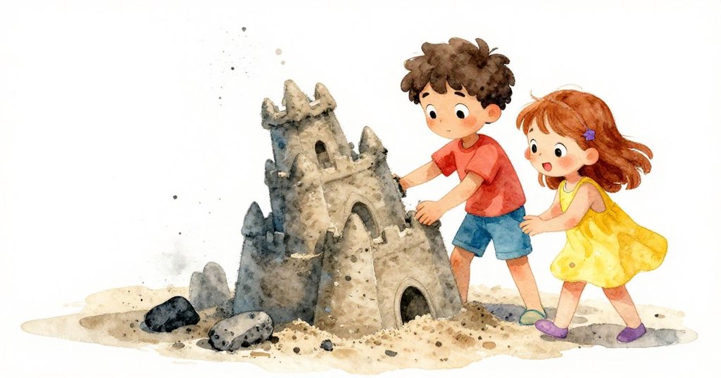 Leo與Mira在傾斜視角中忙著修補略向海流傾斜的沙堡塔樓,沙粒隨風飛舞,展現專注與緊張氣氛。