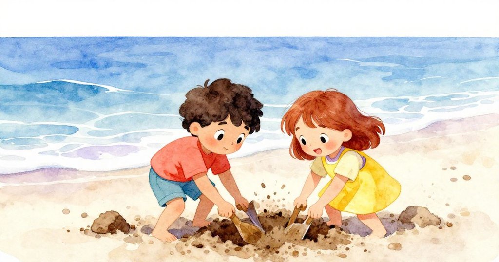 Leo和Mira面對漸進海潮,奮力挖掘防潮護城河,光影變化中顯示出專注與應對挑戰的決心。