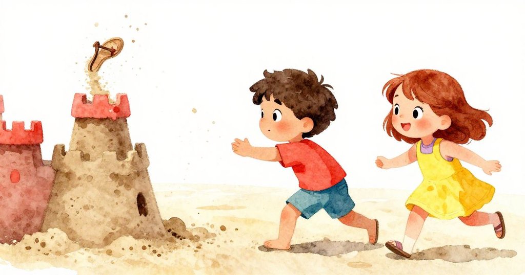 追逐遊戲中,跑動的小孩意外踢倒沙堡牆面,Leo與Mira驚訝之餘迅速應對,沙粒飛揚,歡笑與緊張共存。