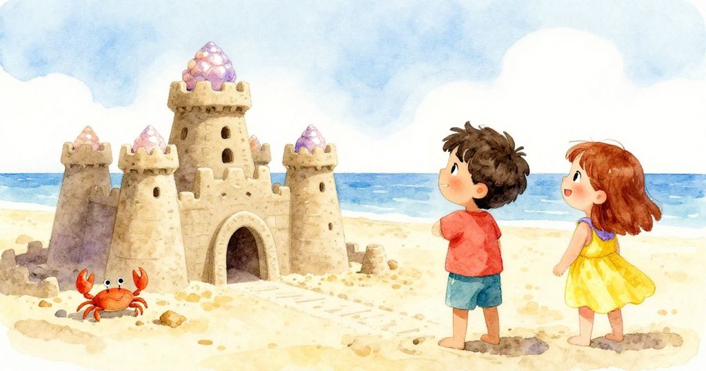 Leo與Mira在完成的沙堡前展露勝利笑容,橙色小蟹守護護城河,遠眺開闊海灘,充滿希望與未來曙光。