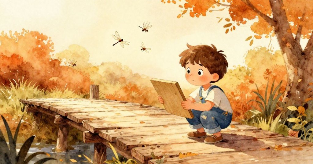 米洛蹲在木橋上認真地檢查打磨好的木板，背景展現夏日溫暖的光線和輕盈飛舞的蜻蜓，充滿期待與好奇。