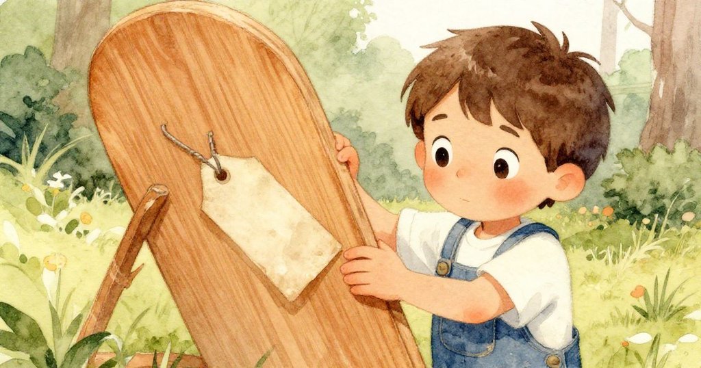 米洛細心地用手托著磨平的木板，舊舊的標價籤隨風飄動，畫面細緻展現手工藝與溫暖陽光的質感。