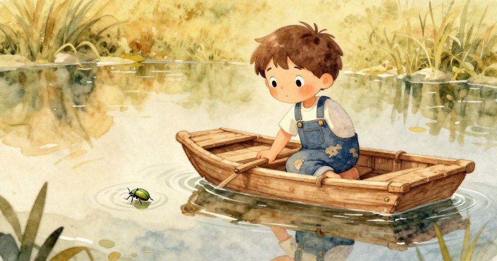 米洛把自製的小木筏輕輕放入淺水區，水面映出木板下微小的綠色甲蟲，展現自然細膩與反光奇觀。