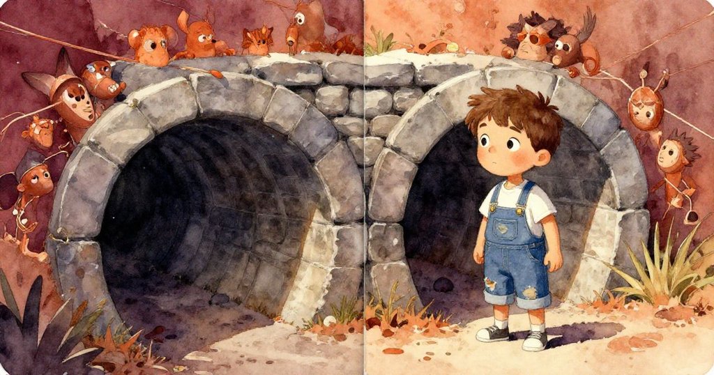 米洛站在河岸邊好奇地望向石砌隧道，臉上流露出專注與夢幻交織的情感，現實與想像並存。