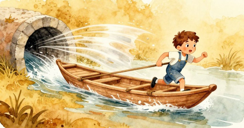 米洛急奔在河岸邊看著小木筏在石隧道中迅速滑行，水花飛濺、光芒閃爍，充滿興奮與動感。