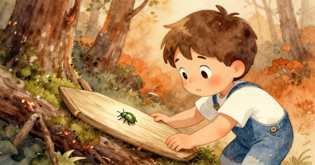 米洛溫柔地將木筏靠在青苔覆蓋的樹根上，仔細觀察著小甲蟲，臉上流露出關愛與驚奇，結局充滿寧靜溫暖。