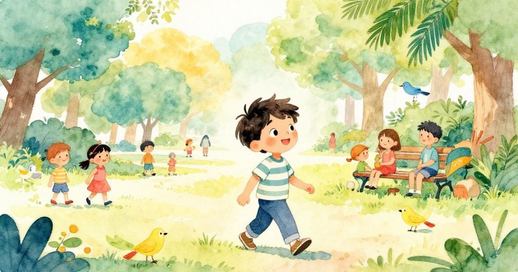 小男孩Leo走在陽光明媚的公園中，周圍有許多人和鳥兒，他臉上滿是期待與快樂，場景充滿活力。