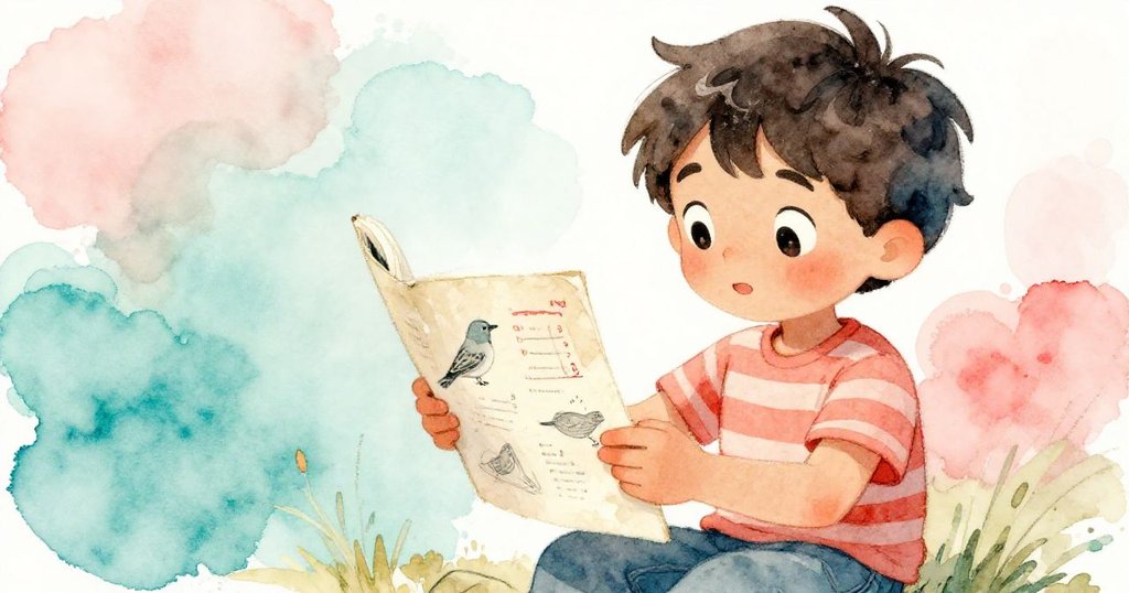 Leo溫柔地捧著筆記本，裡面有手繪的鳥兒數量，他仔細翻看頁面，臉上流露出探索的好奇心與期待。