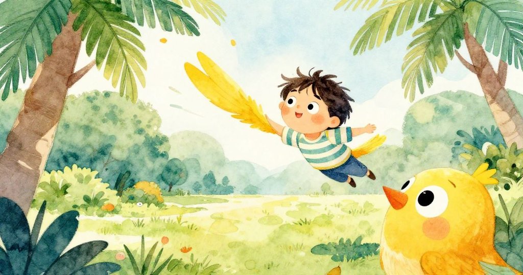 明亮的鳥兒從不同角度飛近公園眼前的Leo，背景有樹木和陽光，表現出生動活潑與自然神奇的美好氛圍。