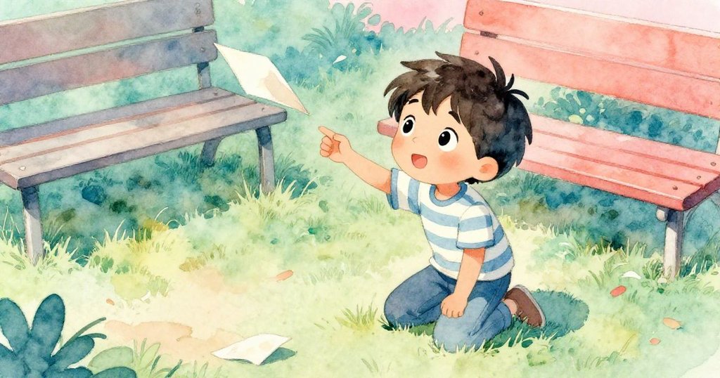 從高處俯瞰，Leo跪在柔軟的草地上，伸手去夾住從筆記本掉落的紙頁，旁邊有公園長椅，表情專注而溫柔。