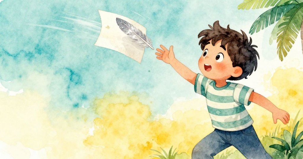 在風中，Leo活躍地伸手去抓一隻飄浮著帶銀星羽毛的紙頁，背景展現著搖曳的草地與明亮自然光線，充滿動感與驚喜。