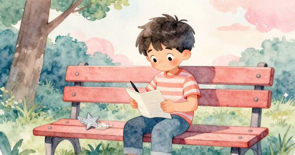 Leo坐在公園長椅上安靜地寫著筆記，旁邊躺著帶銀星的羽毛，天空出現一顆初升星，表情滿足且充滿希望。