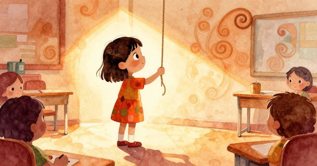 米婭在明亮教室中拿著繩子,剪影清晰,環境溫暖,展現開始創意冒險的情緒與期待。