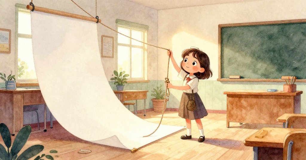 從敞開的教室門望去,看到陽光照耀的走廊,光影交錯間展現內外連接的溫馨轉換。