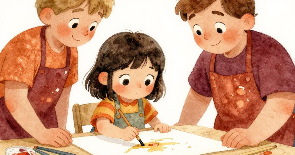 米婭用粘繩壓住脫落的海報,畫師點頭示意,兩人互動展現專注與開心情緒,教室充滿溫馨光線。